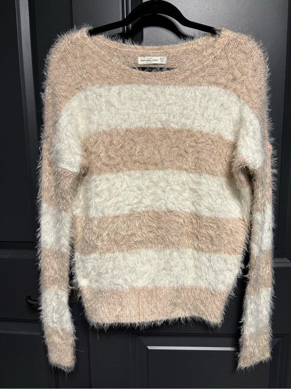 Abercrombie & Fitch Fuzzy Striped Crewneck Sweater in Cream & Beige